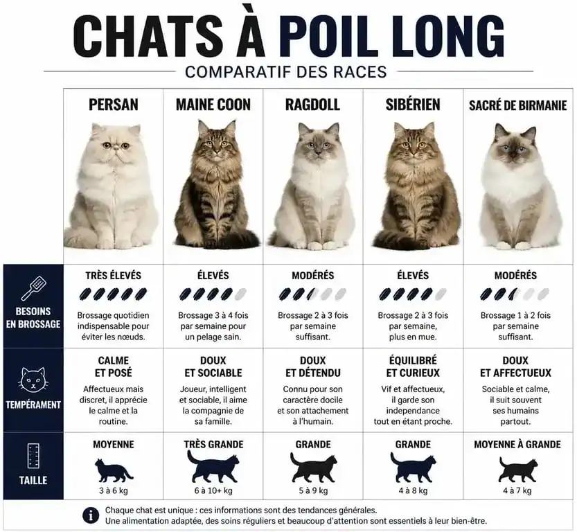 Tableau comparatif des races de chats à poil long : besoins en entretien et caractéristiques