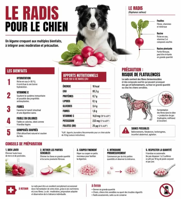Infographie sur les bienfaits et les risques du radis pour les chiens
