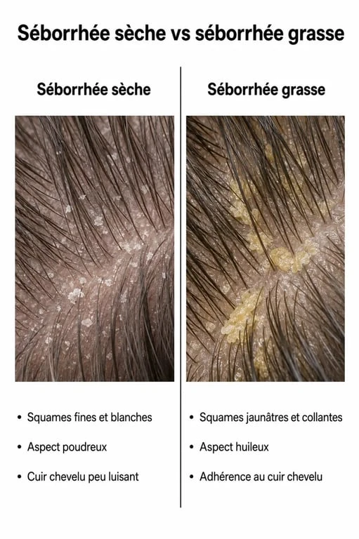 Infographie comparative des pellicules chez le chien : séborrhée sèche vs séborrhée grasse pour identifier les causes.