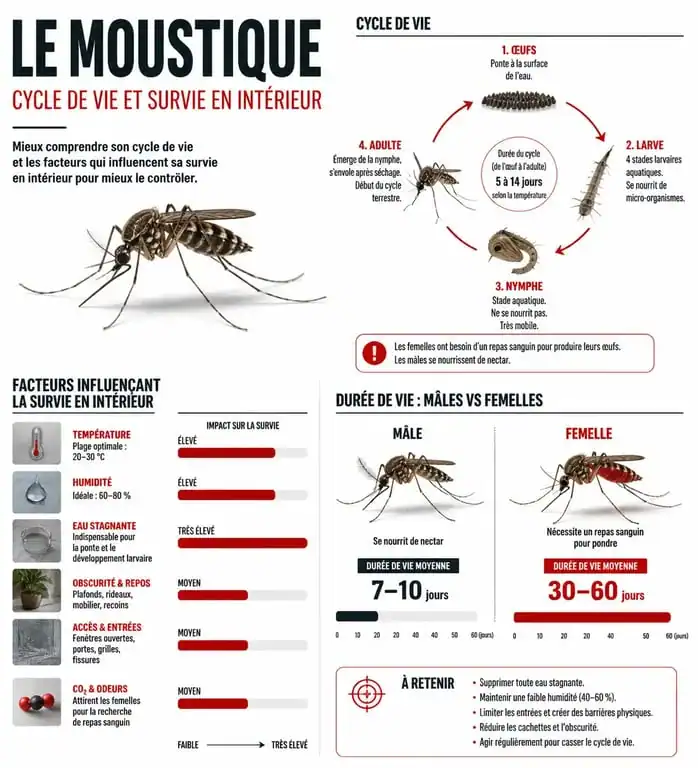 Infographie sur la durée de vie du moustique dans une chambre et les facteurs de survie