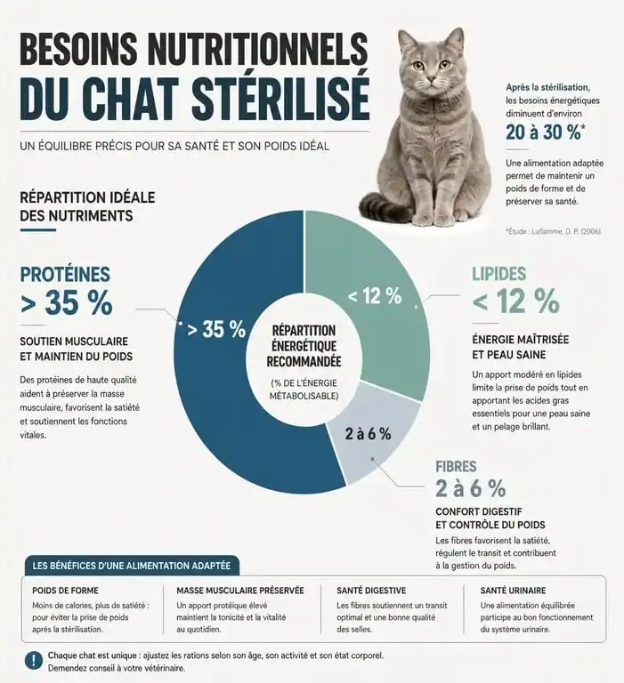 Infographie des besoins nutritionnels pour l'alimentation d'un chat stérilisé