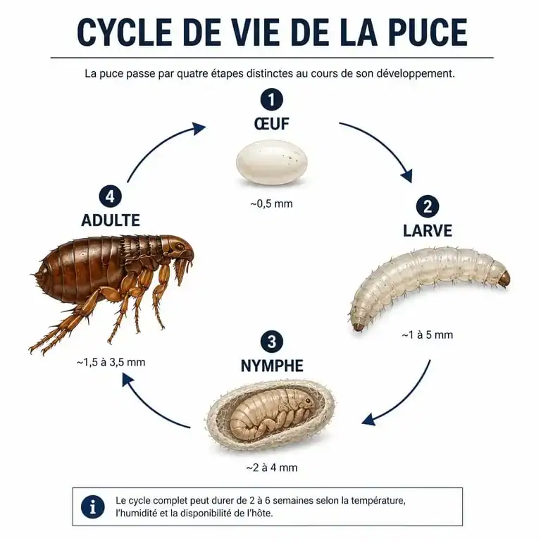 Schéma du cycle de vie de la puce et de l'œuf de puce