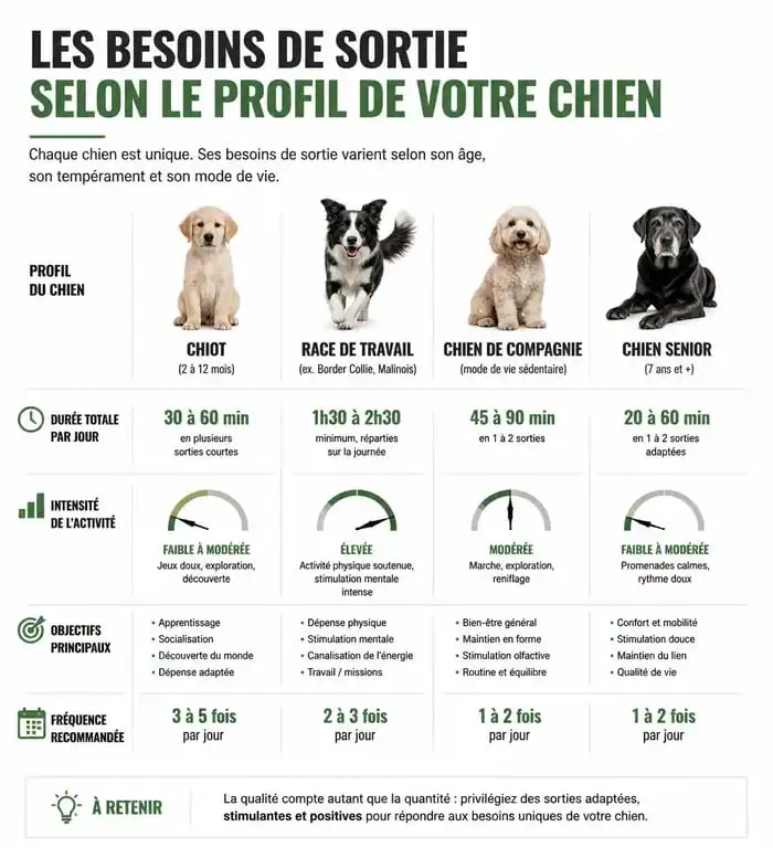 Infographie sur la fréquence de sortie recommandée pour un chien selon son âge et sa race