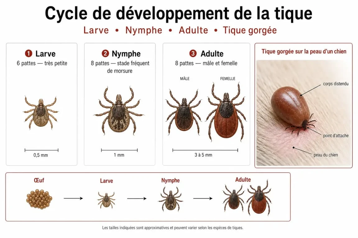 Infographie illustrant les différents stades et l'aspect d'une tique blanche sur un chien pour aider à l'identification.