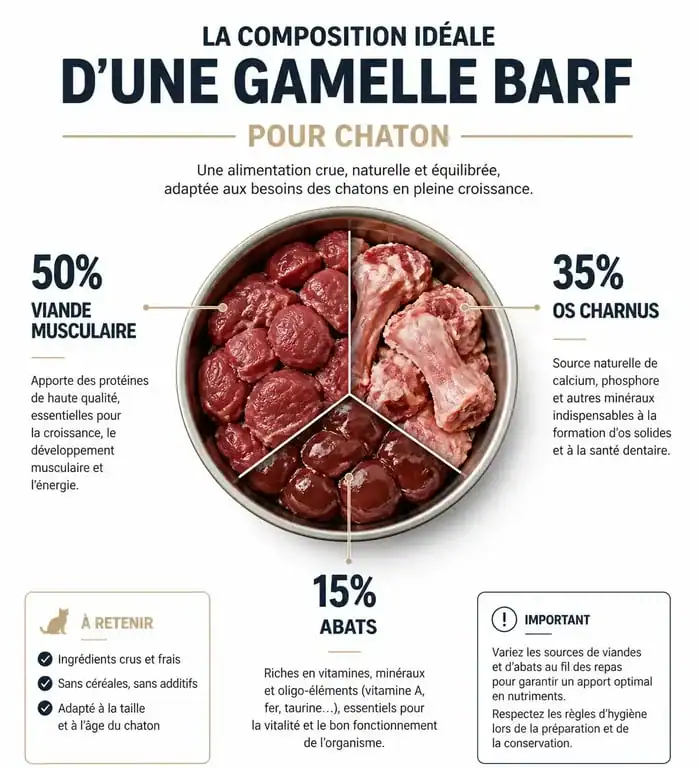 Infographie de la composition d'une ration BARF pour chaton