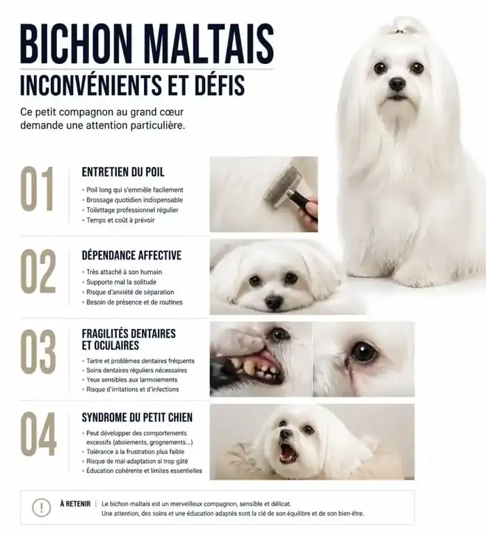 Infographie synthétique des inconvénients et défis à anticiper avant l'adoption d'un bichon maltais