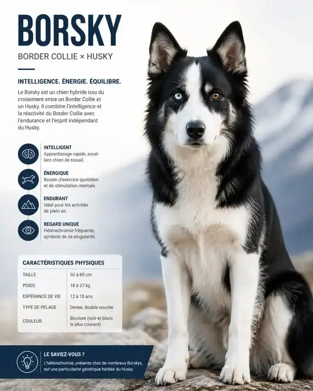 Chien Borsky, croisement entre un Border Collie et un Husky, présentant une silhouette athlétique et des yeux vairons.