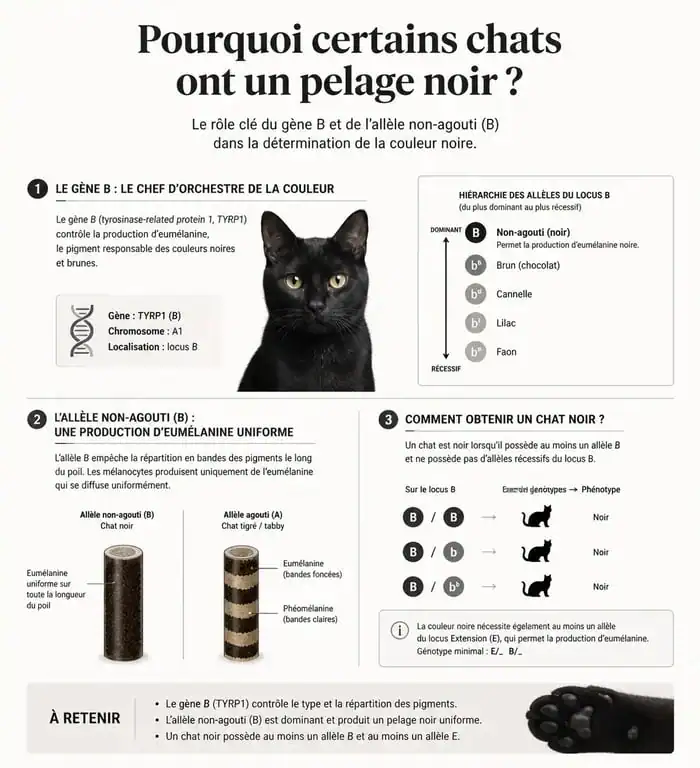 Infographie explicative sur la génétique du pelage noir chez le chat et le gène non-agouti