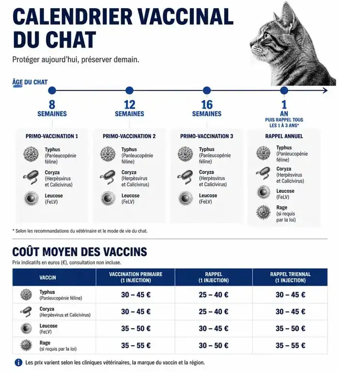Infographie récapitulative du prix des vaccins pour chat et du calendrier vaccinal en France