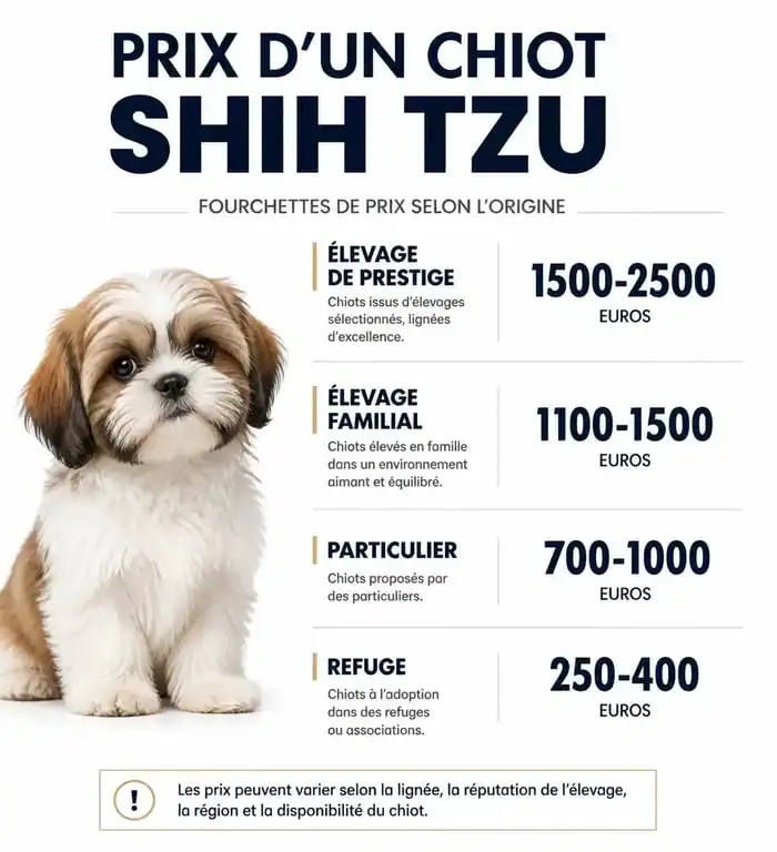 Infographie récapitulative des prix d'achat d'un chiot Shih Tzu selon le type d'élevage