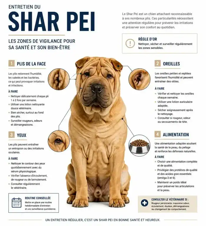 Infographie sur l'entretien et les soins du chien Shar Pei