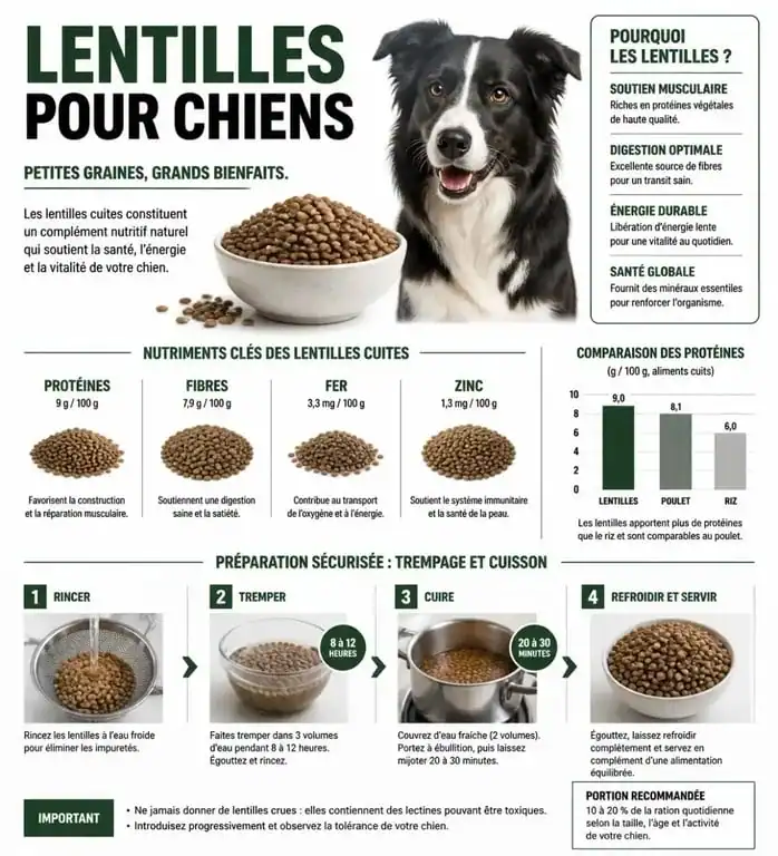 Infographie sur les bienfaits et la préparation des lentilles pour chien