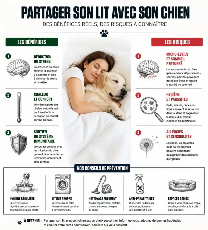 Infographie des bénéfices et risques de dormir avec son chien pour la santé et le sommeil