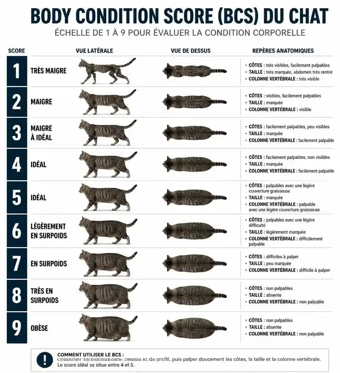 Infographie du Body Condition Score (BCS) pour évaluer si votre chat est trop maigre ou en surpoids