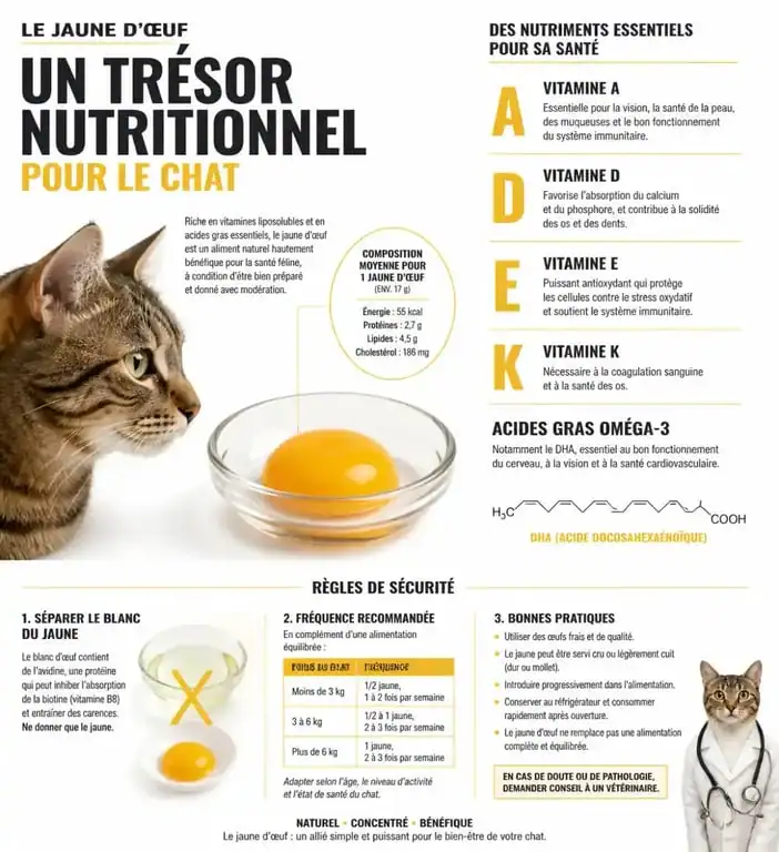 Infographie sur les bienfaits et les précautions du jaune d'œuf pour le chat