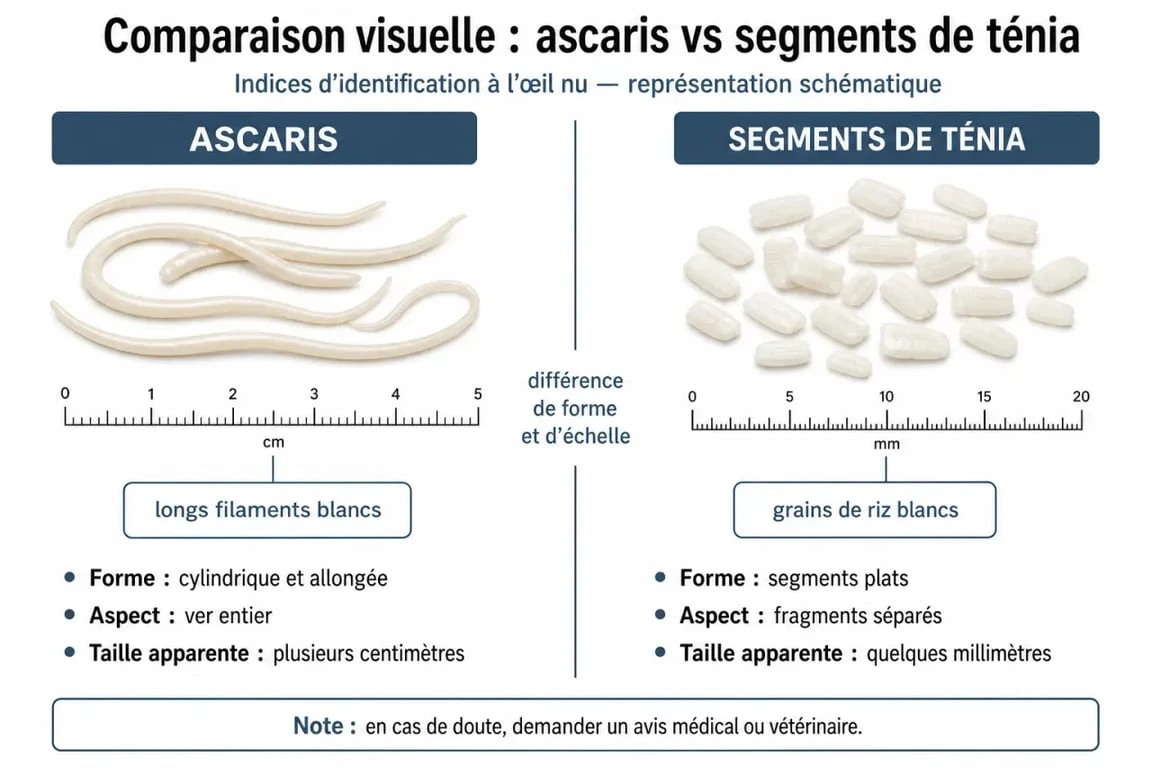 Comparaison visuelle des vers du chat : ascaris et ténia pour identification