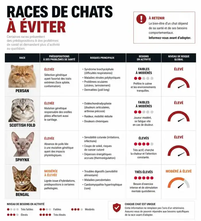 Infographie comparative des races de chats à éviter et leurs besoins spécifiques pour une adoption responsable