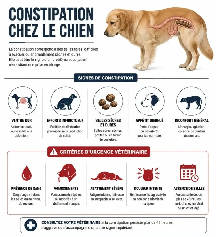 Infographie sur les signes de constipation chez le chien et quand consulter un vétérinaire