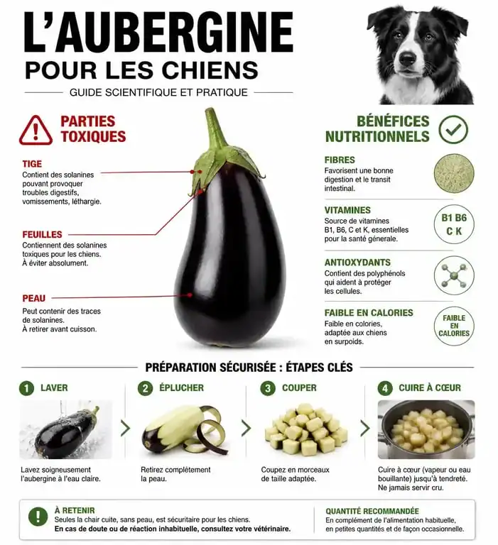 Infographie sur les bienfaits et les risques de l'aubergine pour le chien