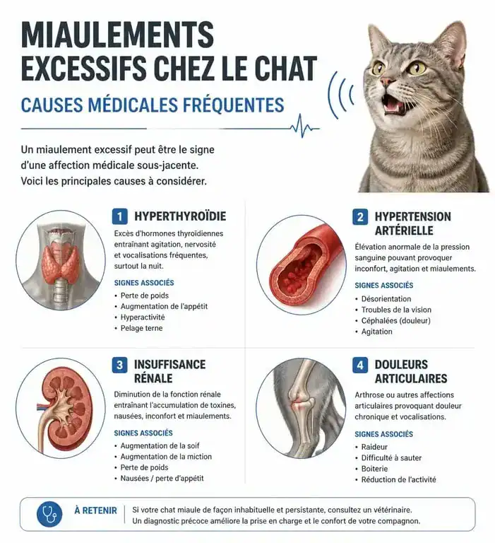 Infographie des causes médicales des miaulements excessifs chez le chat