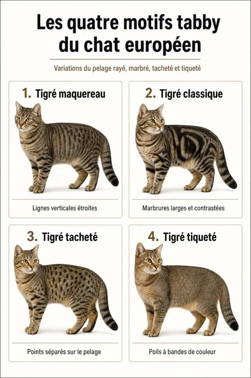 Les quatre motifs tabby du chat européen tigré gris : maquereau, classique, tacheté et tiqueté.