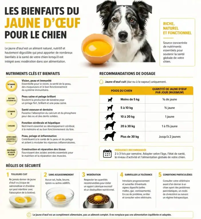 Infographie sur les bienfaits et le dosage du jaune d'œuf pour chien