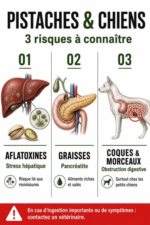 Infographie des risques santé liés à la consommation de pistaches chez le chien : aflatoxines, pancréatite et obstruction intestinale.