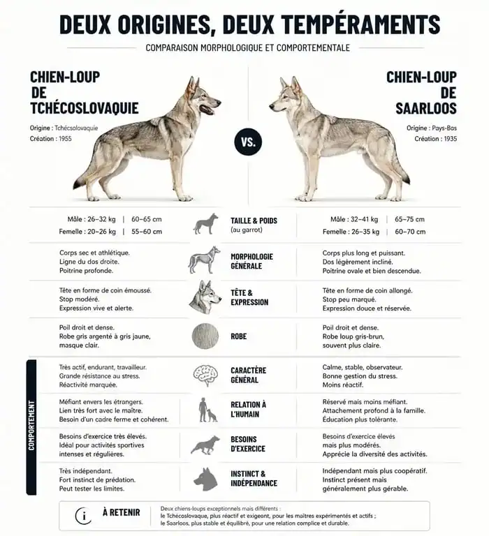 Infographie comparative des races de chiens-loups : Chien-loup de Tchécoslovaquie vs Chien-loup de Saarloos