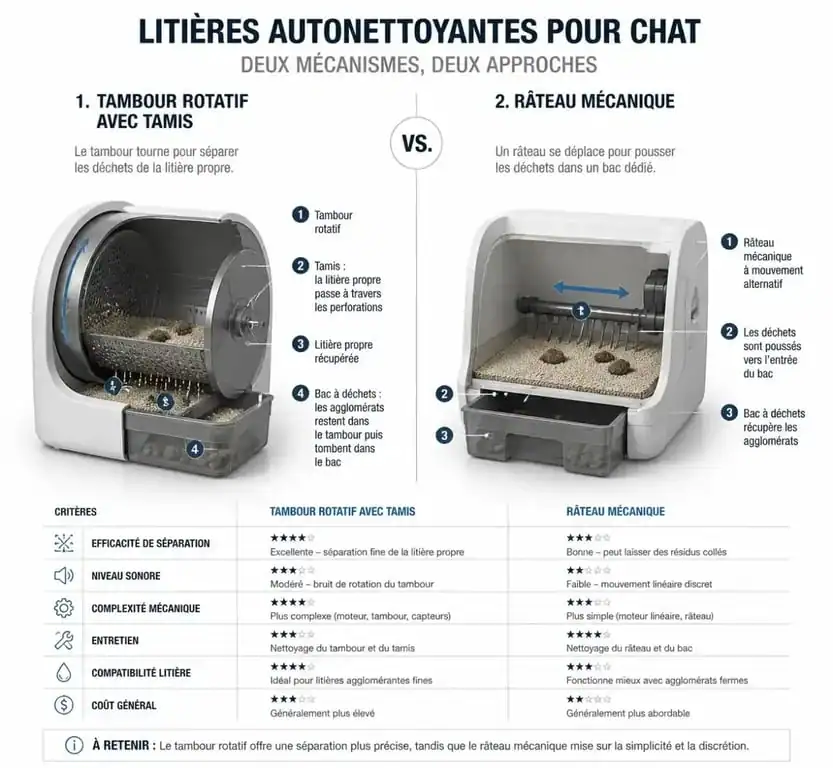 Schéma comparatif des mécanismes de litière auto nettoyante : tambour rotatif vs râteau mécanique