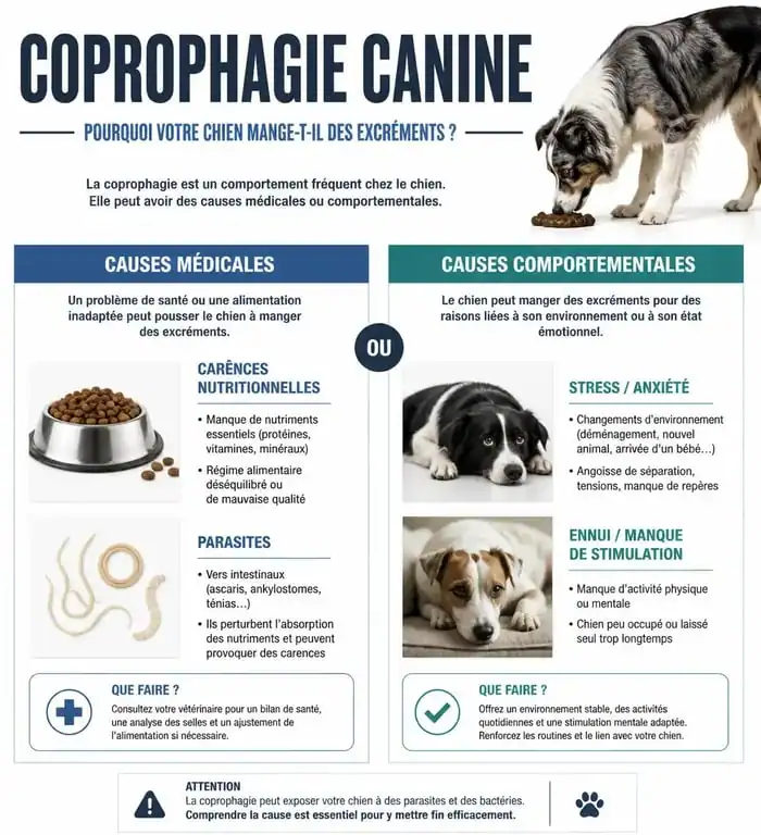 Infographie explicative sur les causes de la coprophagie chez le chien et comment réagir