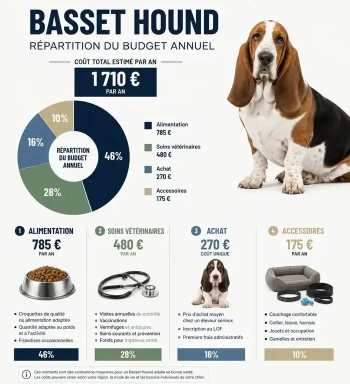 Répartition du budget annuel pour l'entretien d'un chien Basset Hound et prix d'achat