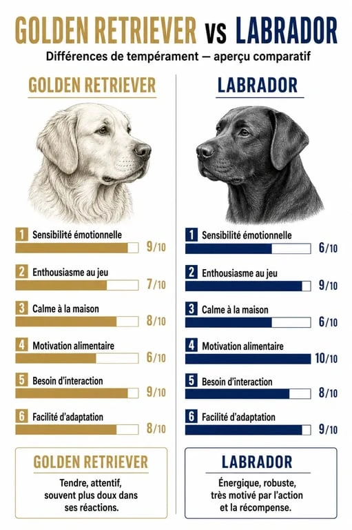 Infographie comparative du caractère entre le Golden Retriever et le Labrador