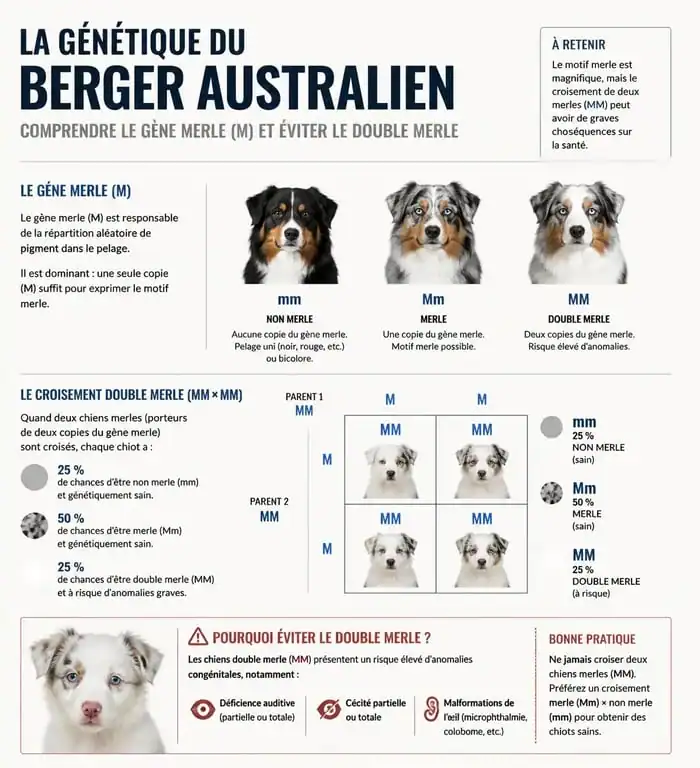 Schéma explicatif de la génétique du Berger Australien bleu merle et des risques du double merle