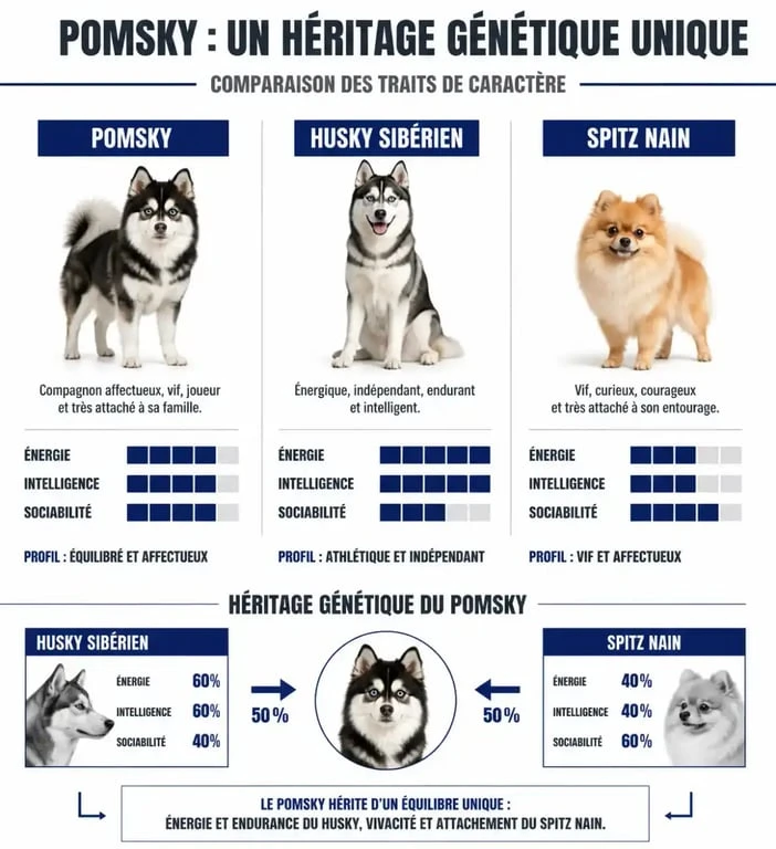 Infographie comparative du caractère du Pomsky, Husky et Spitz Nain