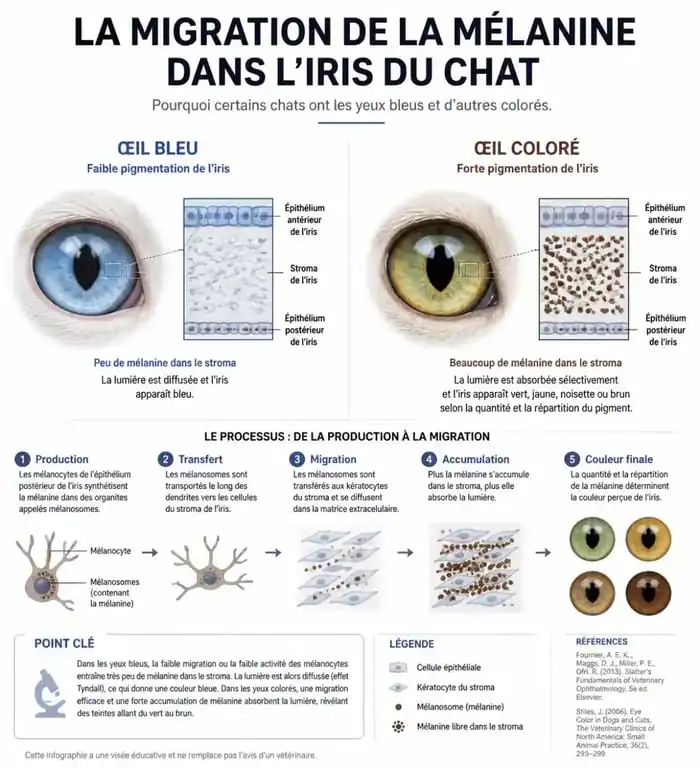 Schéma explicatif de l'hétérochromie et des yeux vairons chez le chat
