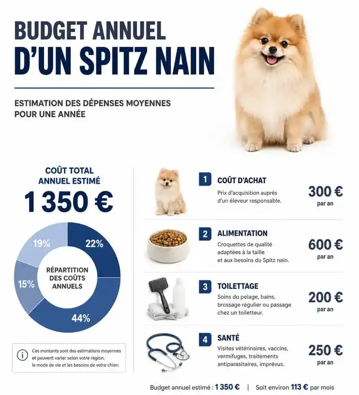 Infographie récapitulative du budget annuel pour l'achat et l'entretien d'un Spitz nain