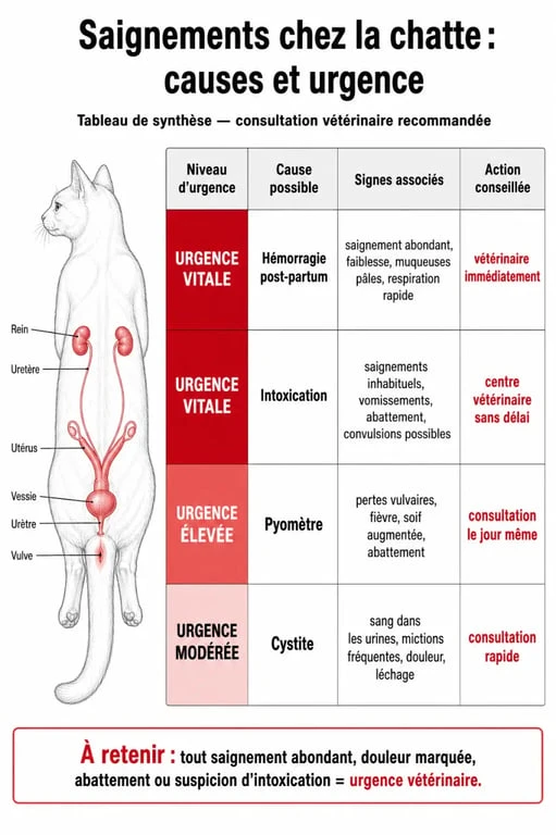 Tableau récapitulatif des causes de perte de sang chez la chatte et niveaux d'urgence vétérinaire