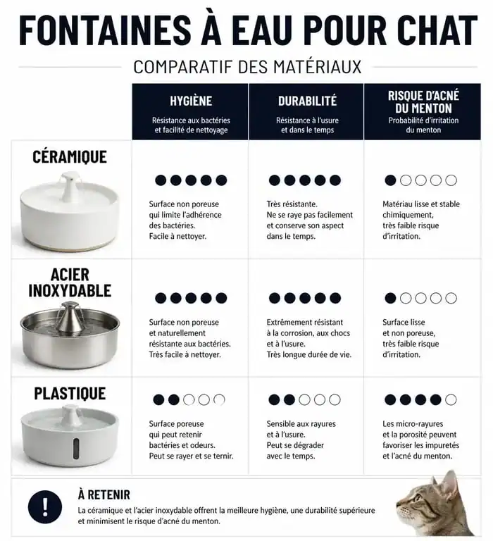 Comparatif des matériaux de fontaines à eau pour chat selon les recommandations vétérinaires : céramique, inox et plastique