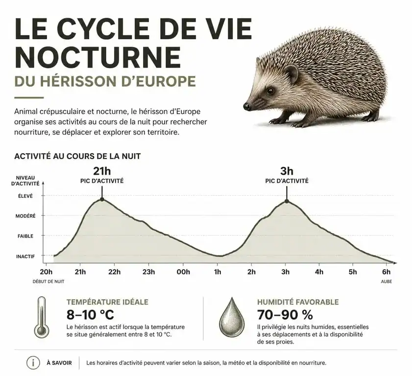 Infographie illustrant le cycle d'activité nocturne du hérisson et les facteurs influençant ses sorties