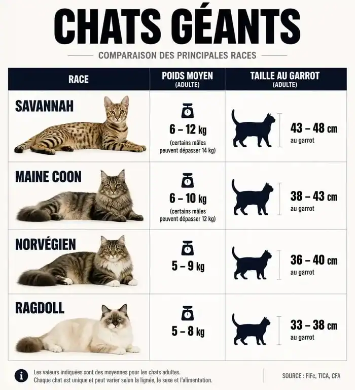 Infographie comparative des races de chats géants : poids et taille du Maine Coon, Savannah, Norvégien et Ragdoll.