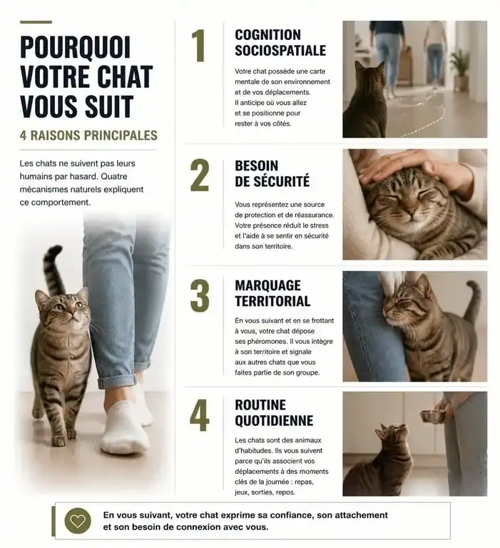 Infographie expliquant pourquoi mon chat me suit partout : cognition, sécurité, territoire et routine.