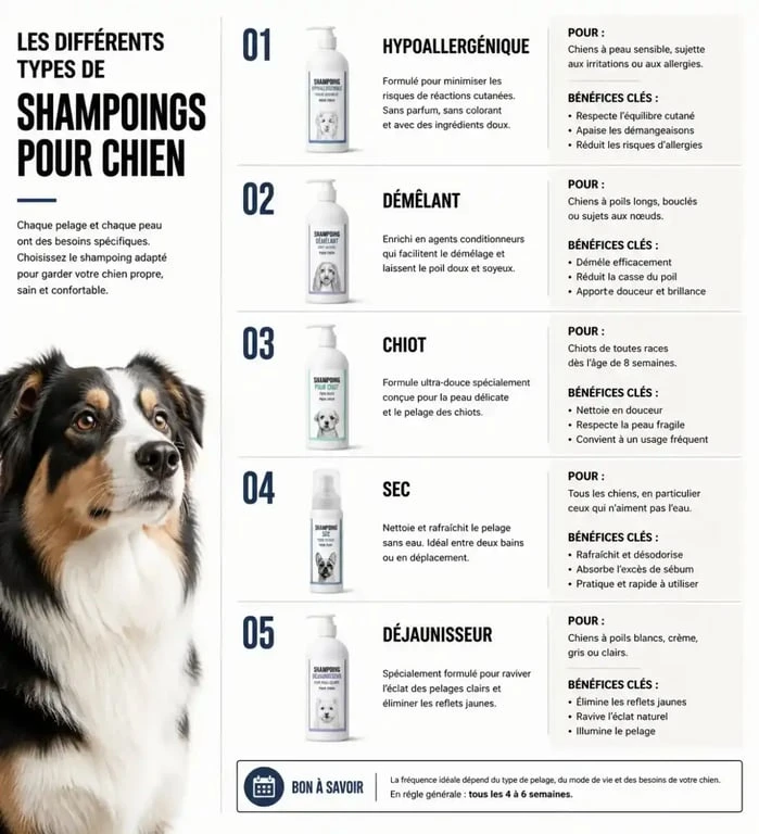 Infographie comparative des types de shampoing pour chien pour choisir le meilleur produit selon le pelage et la peau.