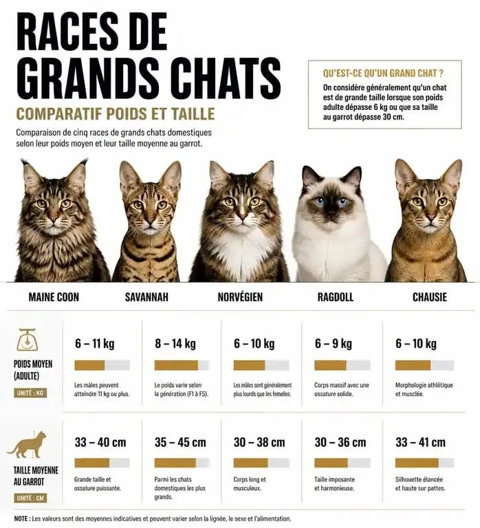 Comparatif des races de grands chats : poids et taille des Maine Coon, Savannah, Norvégien, Ragdoll et Chausie.