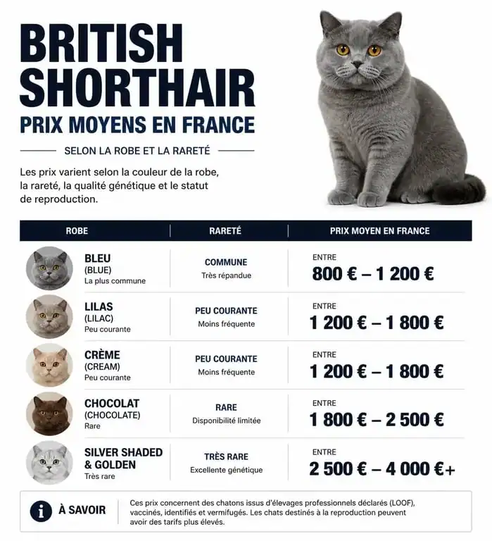 Infographie des prix moyens d'un chaton British Shorthair en France selon la robe et la rareté
