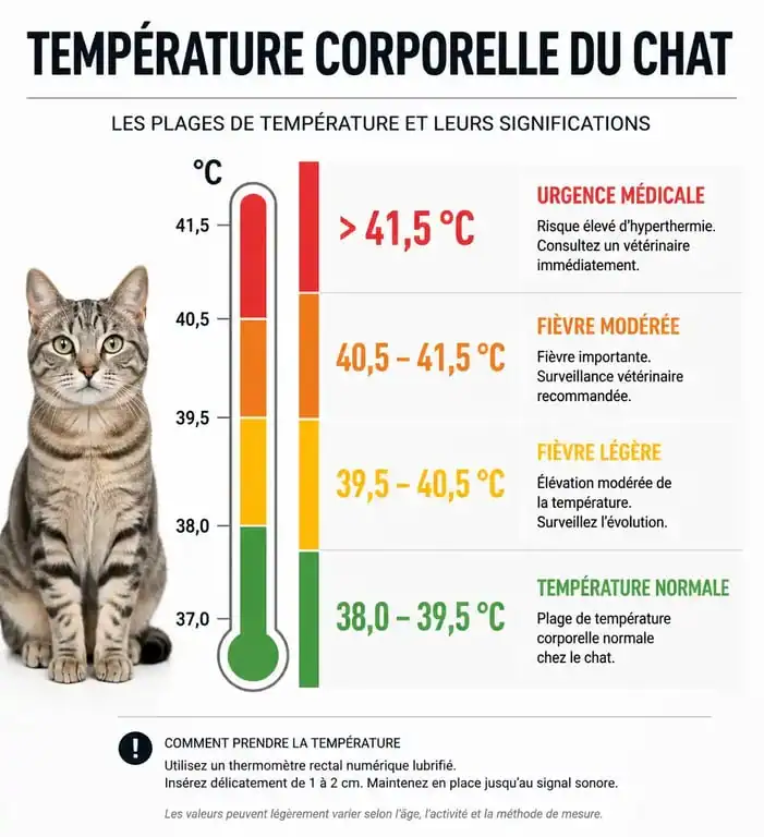 Infographie des seuils de température chez le chat pour savoir si mon chat a de la fièvre