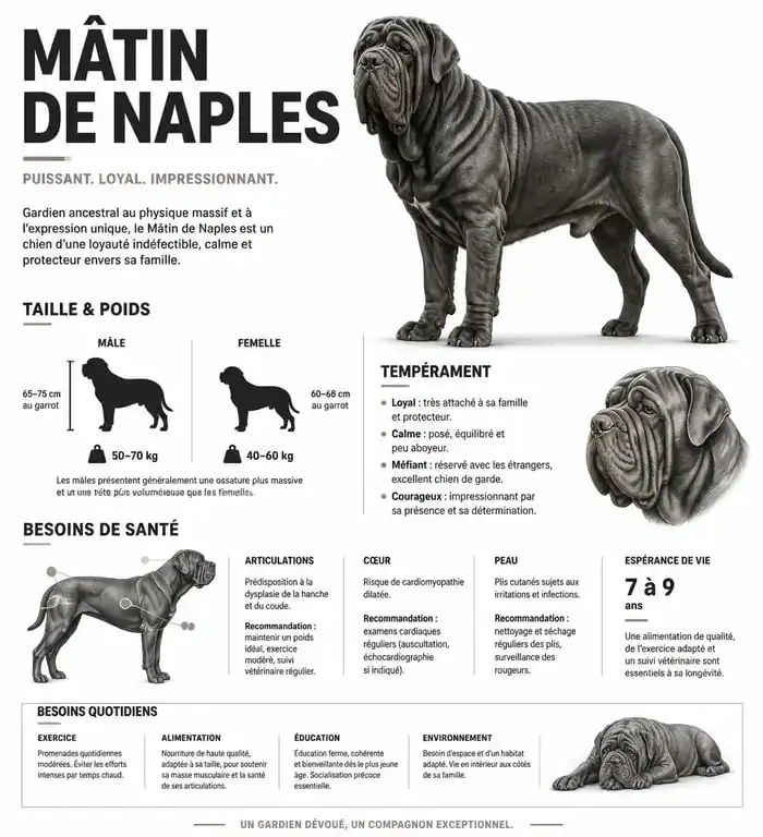 Infographie des caractéristiques physiques et comportementales du Mâtin de Naples