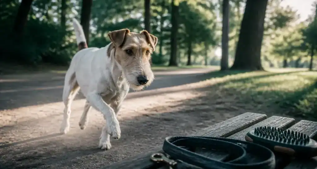 Fox terrier poil lisse, chien actif en promenade