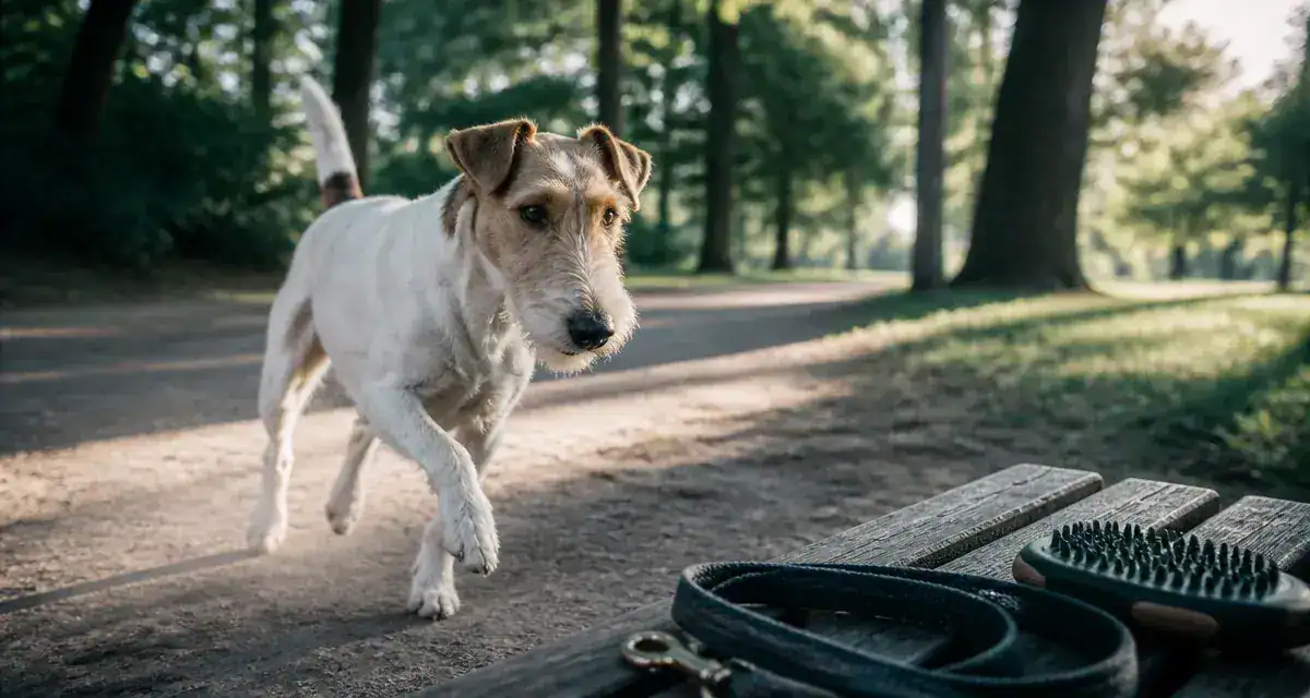 Fox terrier poil lisse, chien actif en promenade