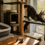 Grand chat race Maine Coon sur arbre à chat XXL