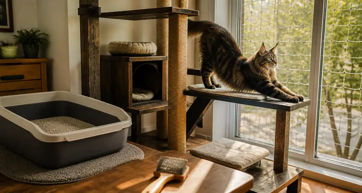 Grand chat race Maine Coon sur arbre à chat XXL